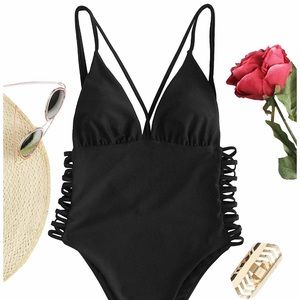 Black Side Lace One Piece Swimsuit